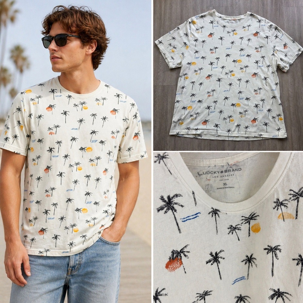 Lucky Brand Mens XL Palm Tree Tropical Print Cotton T Shirt Cream Short Sleeve